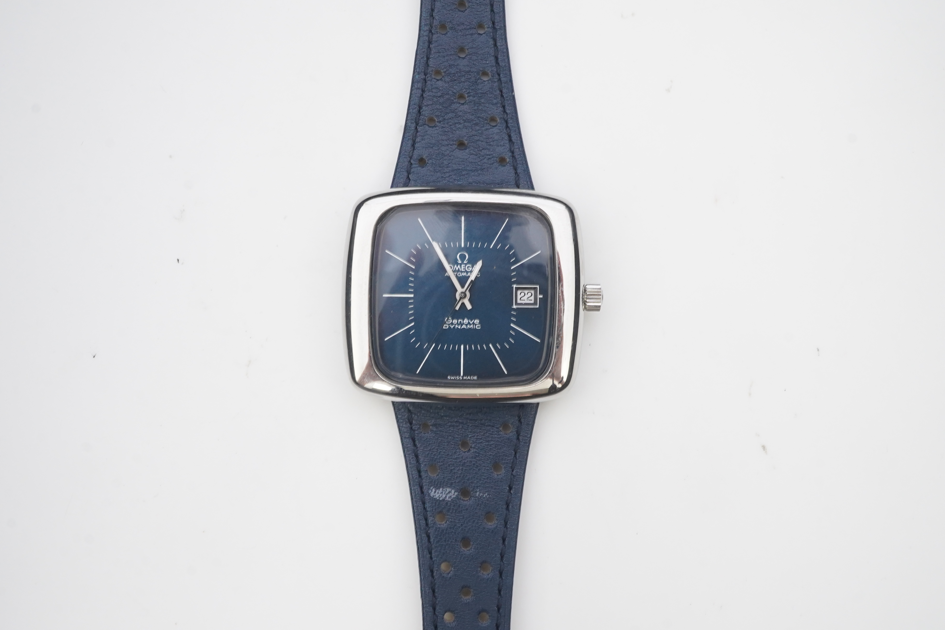 A gentleman's 1970's stainless steel Omega Automatic Dynamic wrist watch, on a later associated leather strap